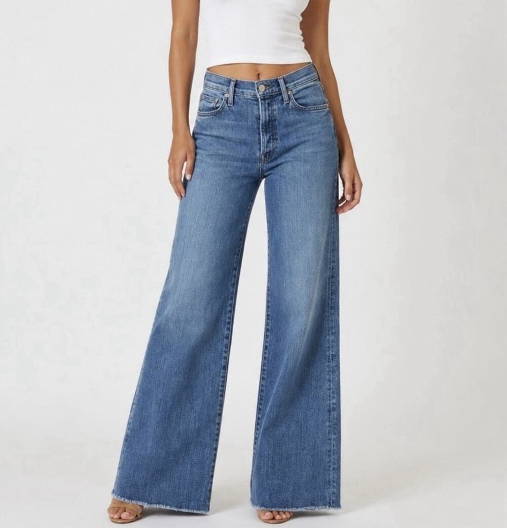 Mother Tomcat Roller Fray Jeans Womens 30 Blue High Rise Wide Leg Button Fly